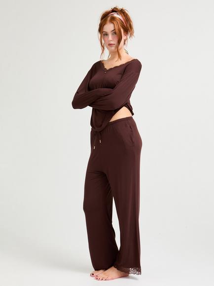 Pretty You London Bamboo Lace V-Neck Pyjama Set, Chocolate, Chocolate
