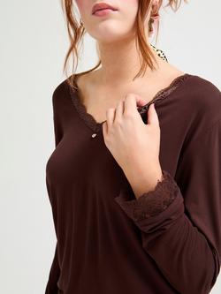 Pretty You London Bamboo Lace V-Neck Pyjama Set, Chocolate - view 2, Chocolate