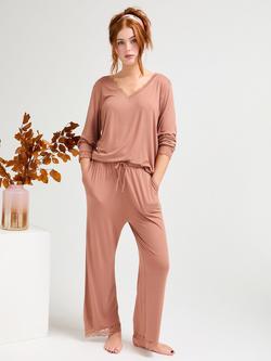 Pretty You London Lace Trim Bamboo Rich Long Pyjama Set, Mocha, Mocha