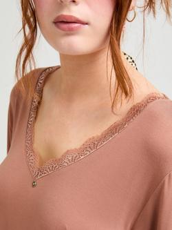 Pretty You London Lace Trim Bamboo Rich Long Pyjama Set, Mocha - view 2, Mocha