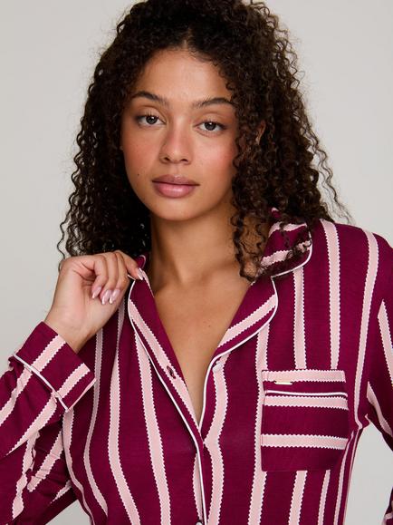 Pretty You London Stripe Bamboo Rich Button Through Long Pyjama Set, Bordeaux Stripe - view 2, Bordeaux Stripe