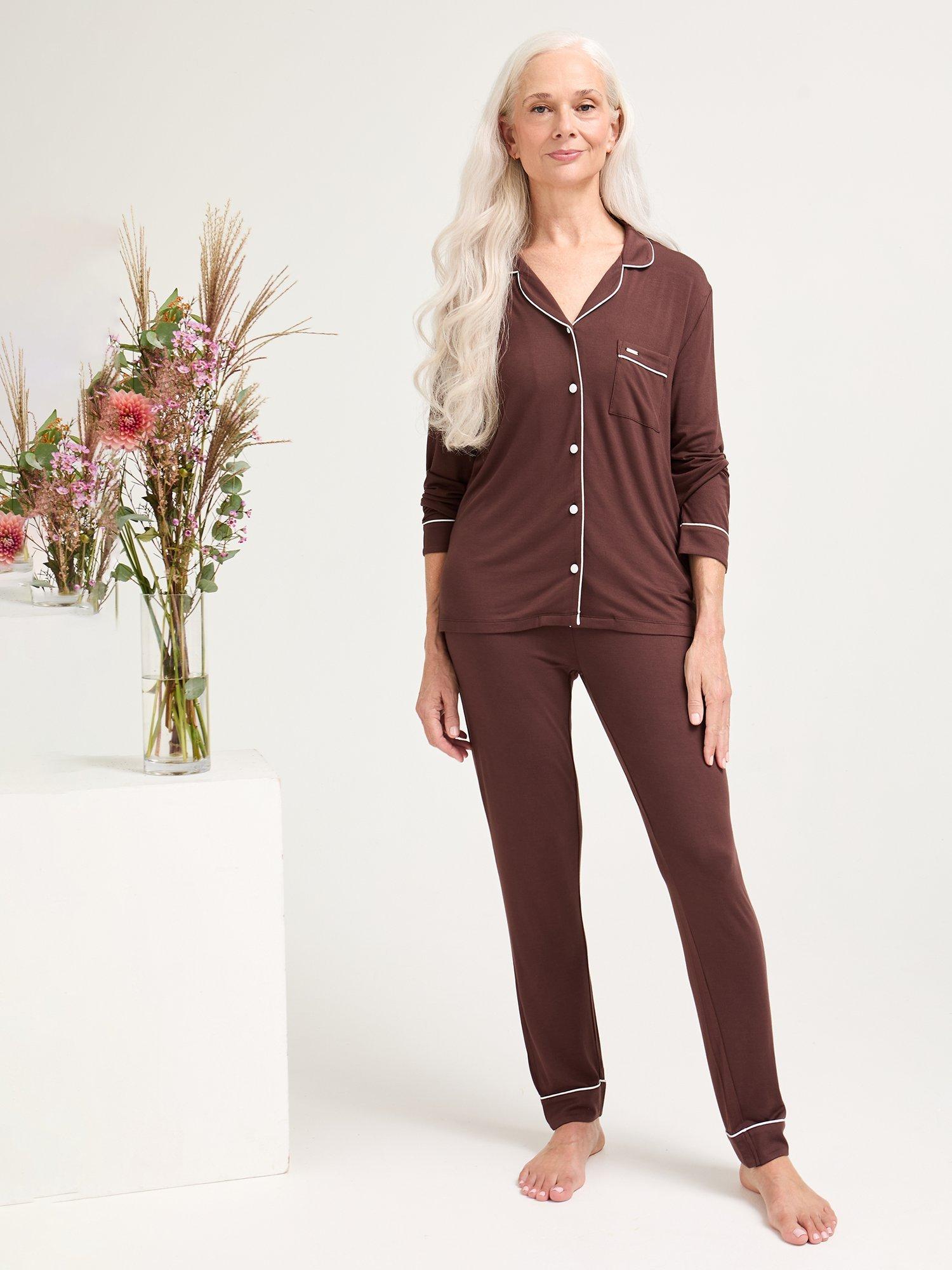 Product image 1 of 9, which shows Pretty You London Bamboo Long Pyjama Set, Chocolate, 8