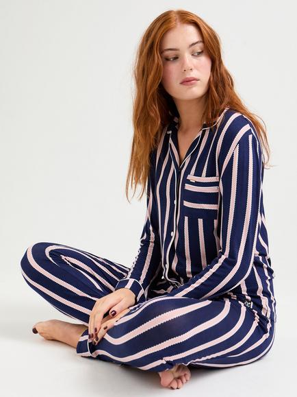 Pretty You London Stripe Bamboo Rich Button Through Long Pyjama Set, Midnight Stripe, Midnight Stripe