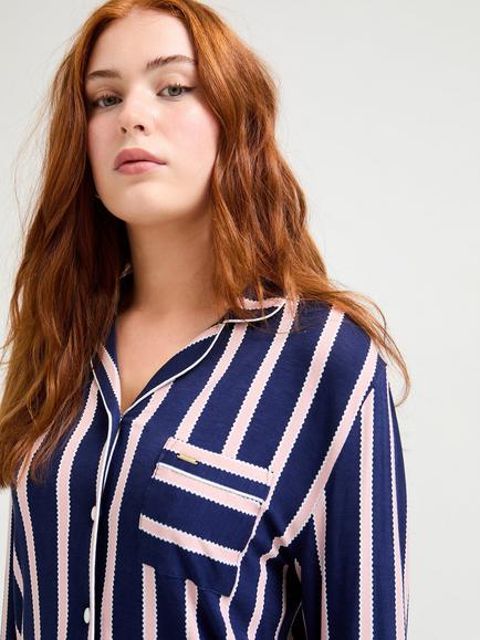Pretty You London Stripe Bamboo Rich Button Through Long Pyjama Set, Midnight Stripe - view 2, Midnight Stripe