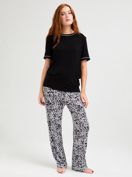 Pretty You London Leopard Print Bottoms Bamboo Rich Pyjama Set, Black/Luxe Leopard, Black/Luxe Leopard