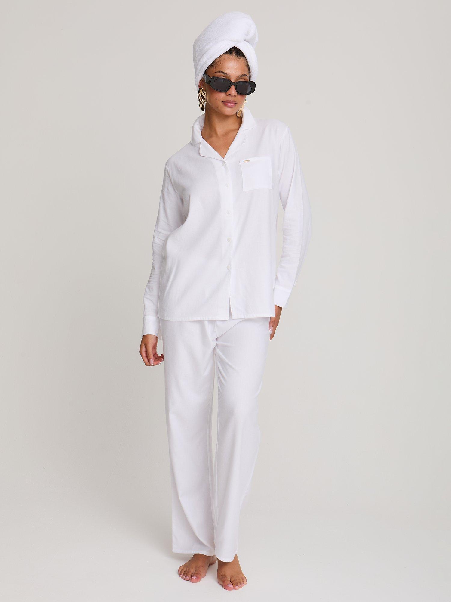 Product image 1 of 5, which shows Pretty You London Traditional Button Through Long Pyjama Set, White, 8