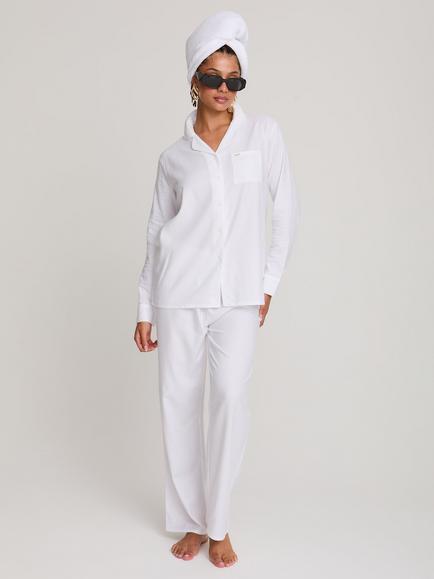 Pretty You London Traditional Button Through Long Pyjama Set, White, White
