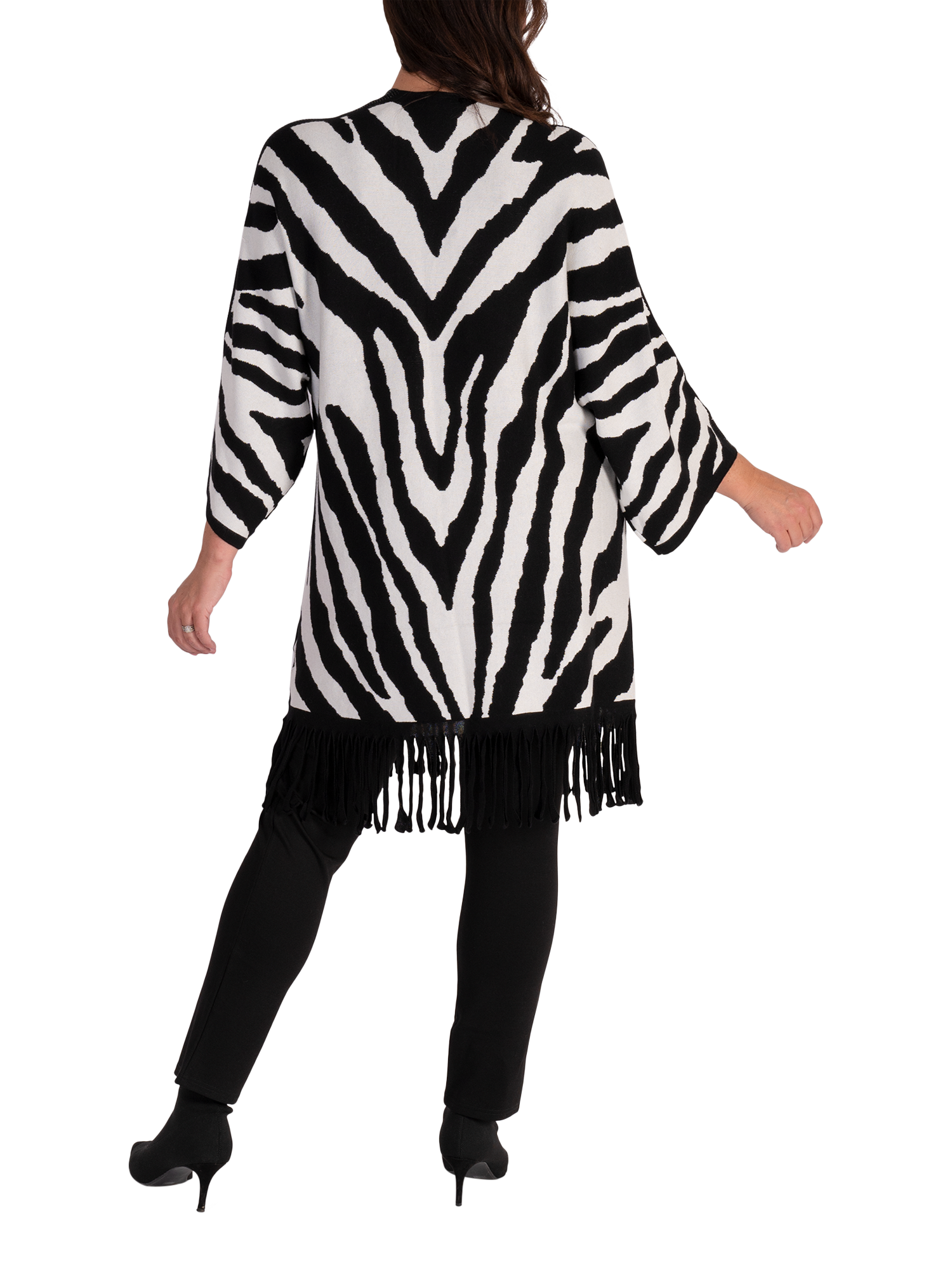 Product image 2 of 6, which shows chesca Zebra Fringed Longline Cardigan, Black/White, 10-12