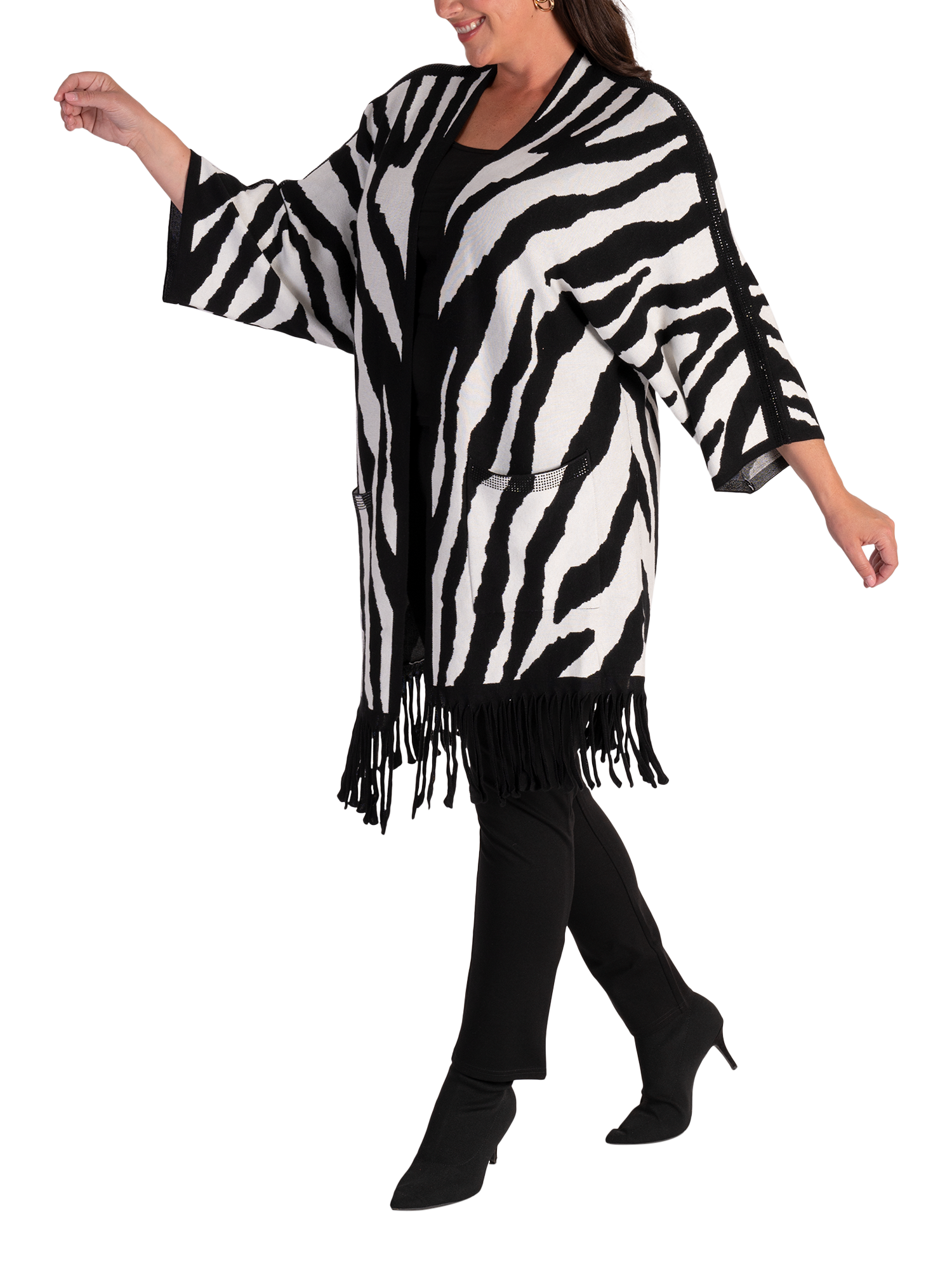 Product image 3 of 6, which shows chesca Zebra Fringed Longline Cardigan, Black/White, 10-12