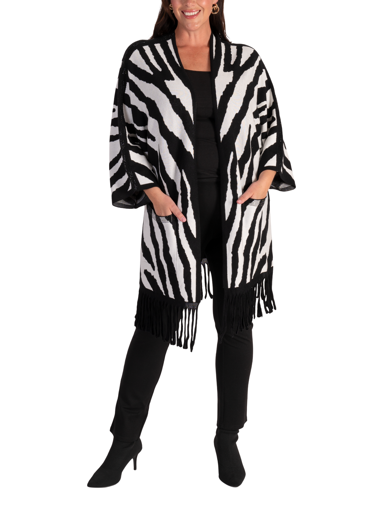 Product image 4 of 6, which shows chesca Zebra Fringed Longline Cardigan, Black/White, 10-12