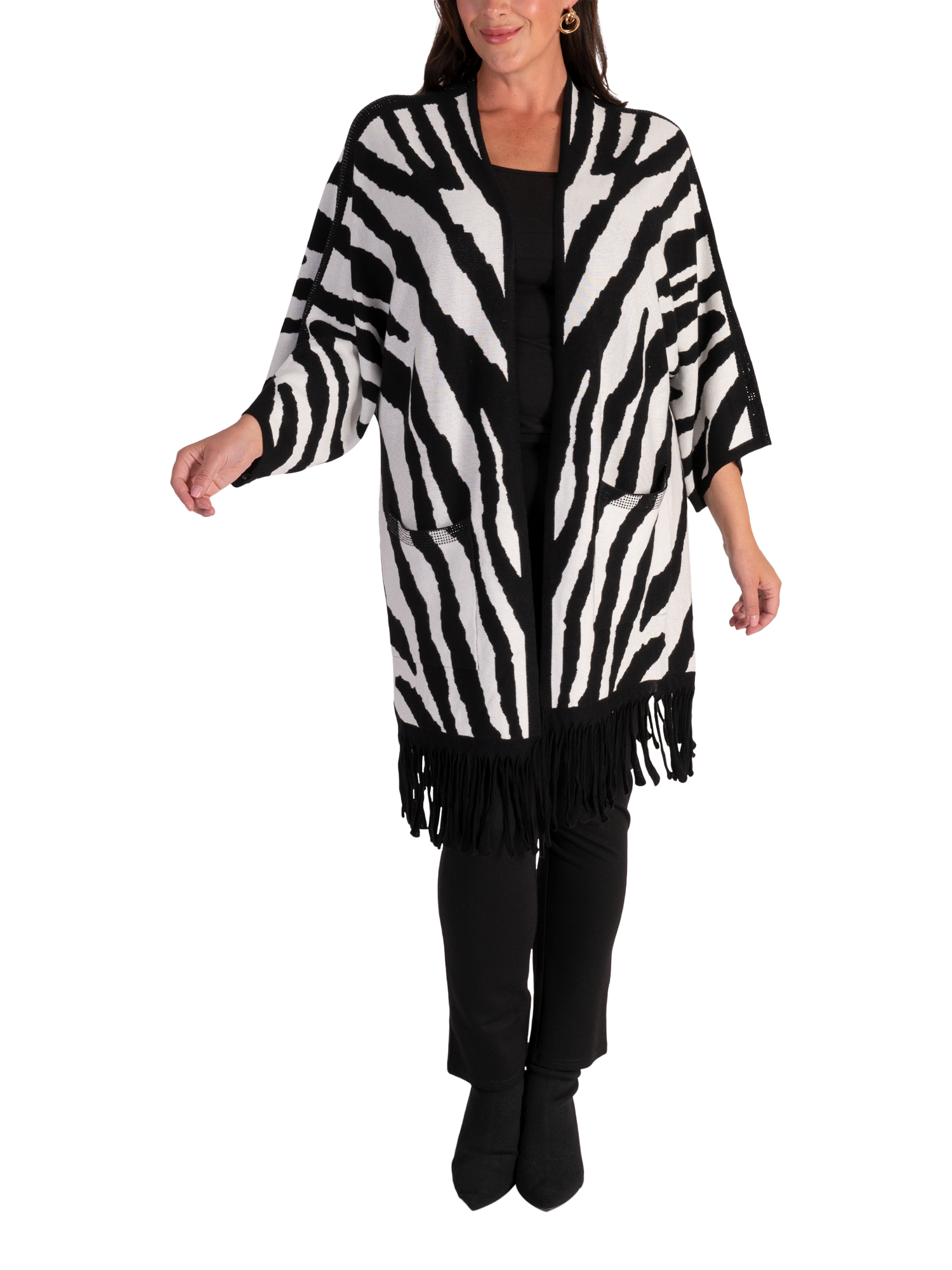 Product image 5 of 6, which shows chesca Zebra Fringed Longline Cardigan, Black/White, 10-12