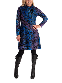 chesca Pebble Burnout Cowl Neck Tunic Dress, Cobalt/Purple, Cobalt/Purple