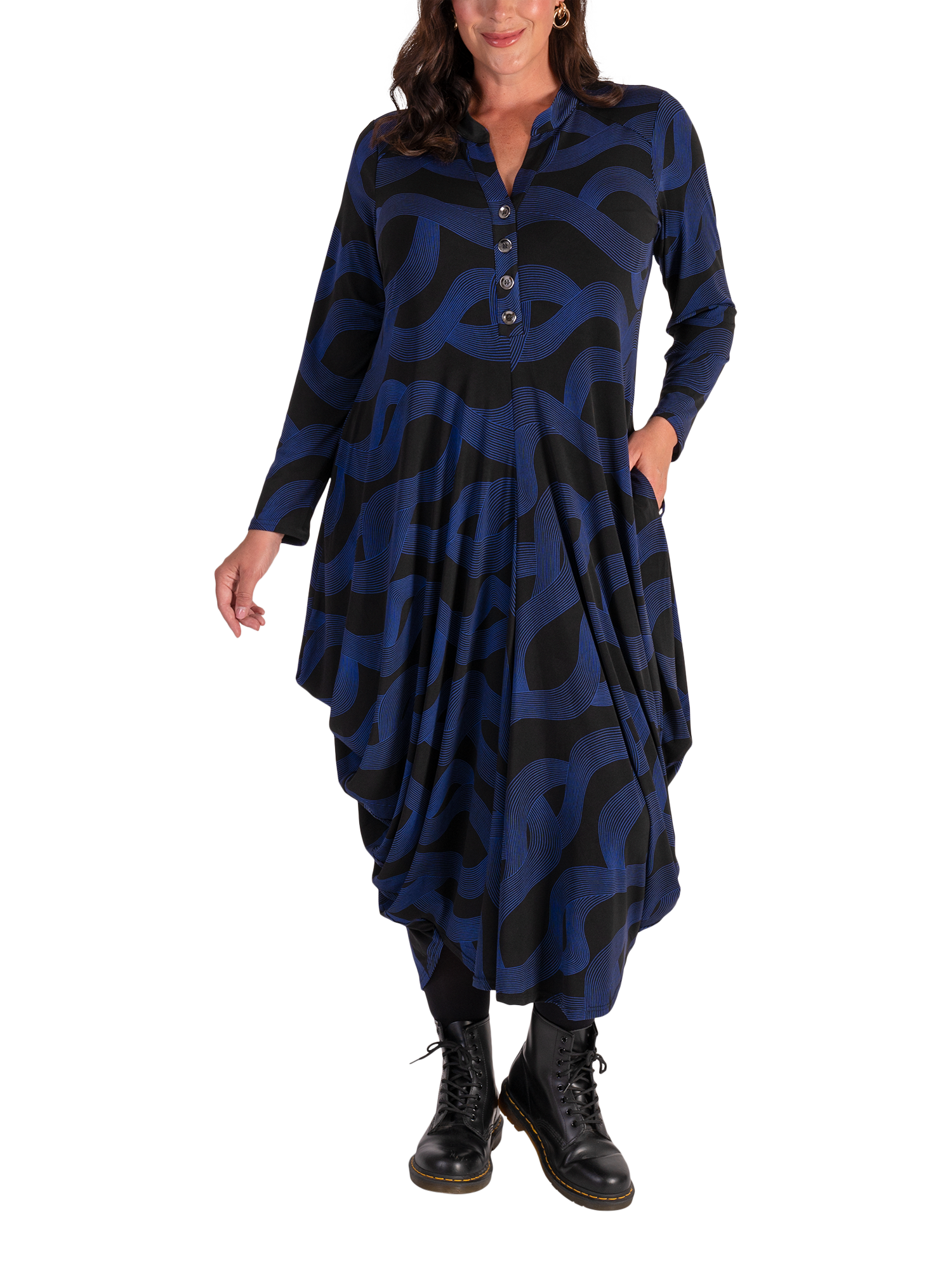 Product image 1 of 6, which shows chesca Swirl Jersey Drape Dress, Black/Cobalt, 12-14