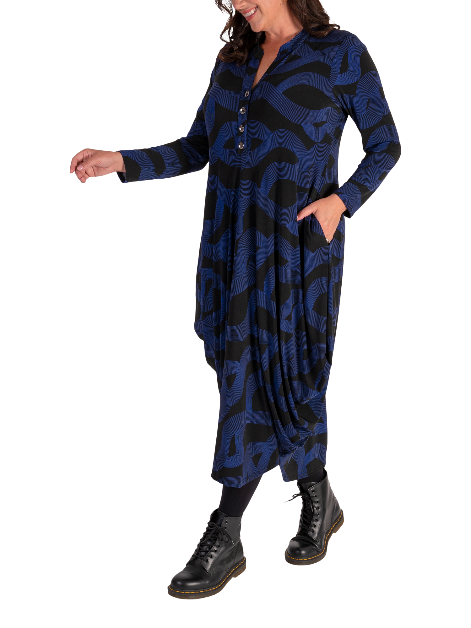Product image 3 of 6, which shows chesca Swirl Jersey Drape Dress, Black/Cobalt, 12-14