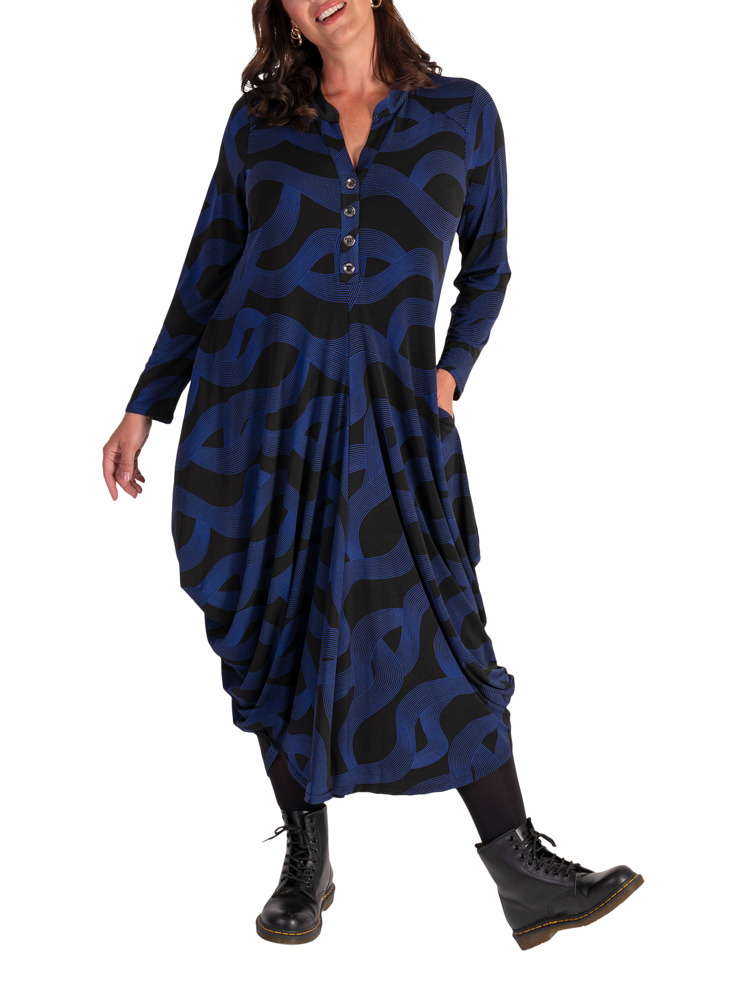 Product image 4 of 6, which shows chesca Swirl Jersey Drape Dress, Black/Cobalt, 12-14