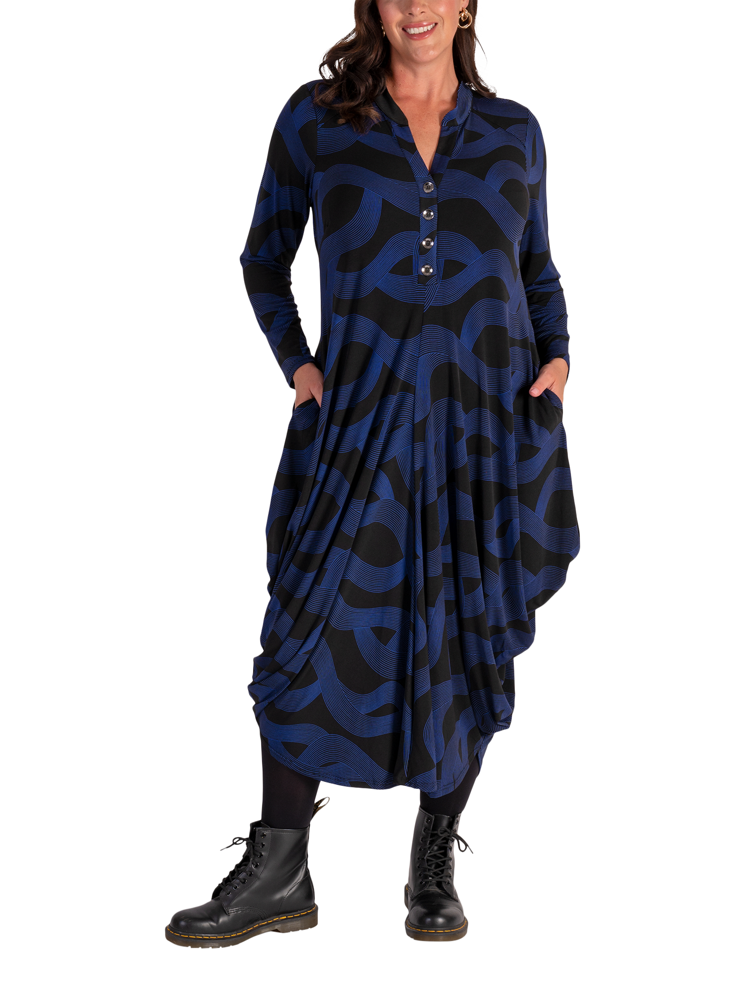 Product image 5 of 6, which shows chesca Swirl Jersey Drape Dress, Black/Cobalt, 12-14