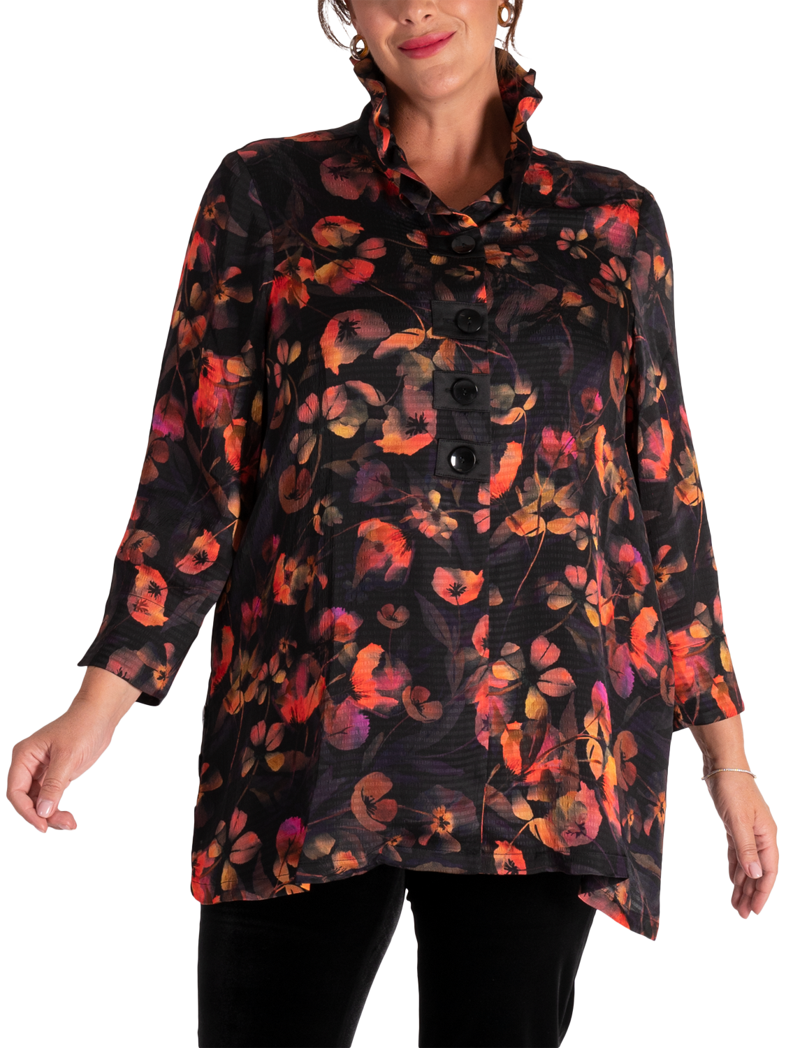 Product image 1 of 7, which shows chesca Floral Tunic Top, Black/Red, 12-14