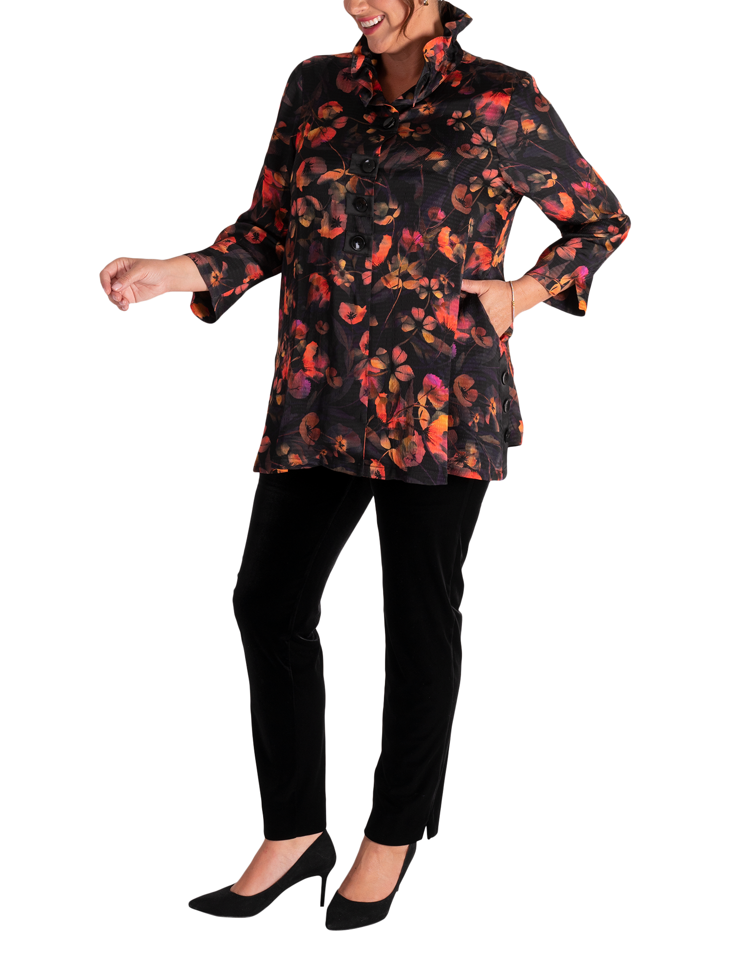 Product image 5 of 7, which shows chesca Floral Tunic Top, Black/Red, 12-14
