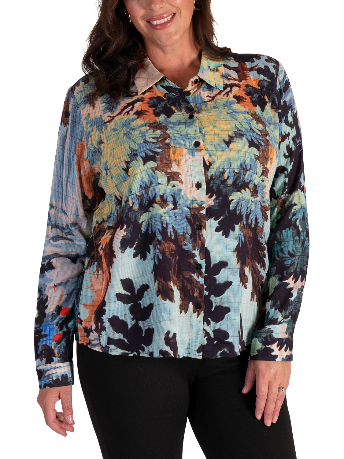Product image 1 of 6, which shows chesca Painterly Woodland Print Shirt, Sky/Multi, 12-14