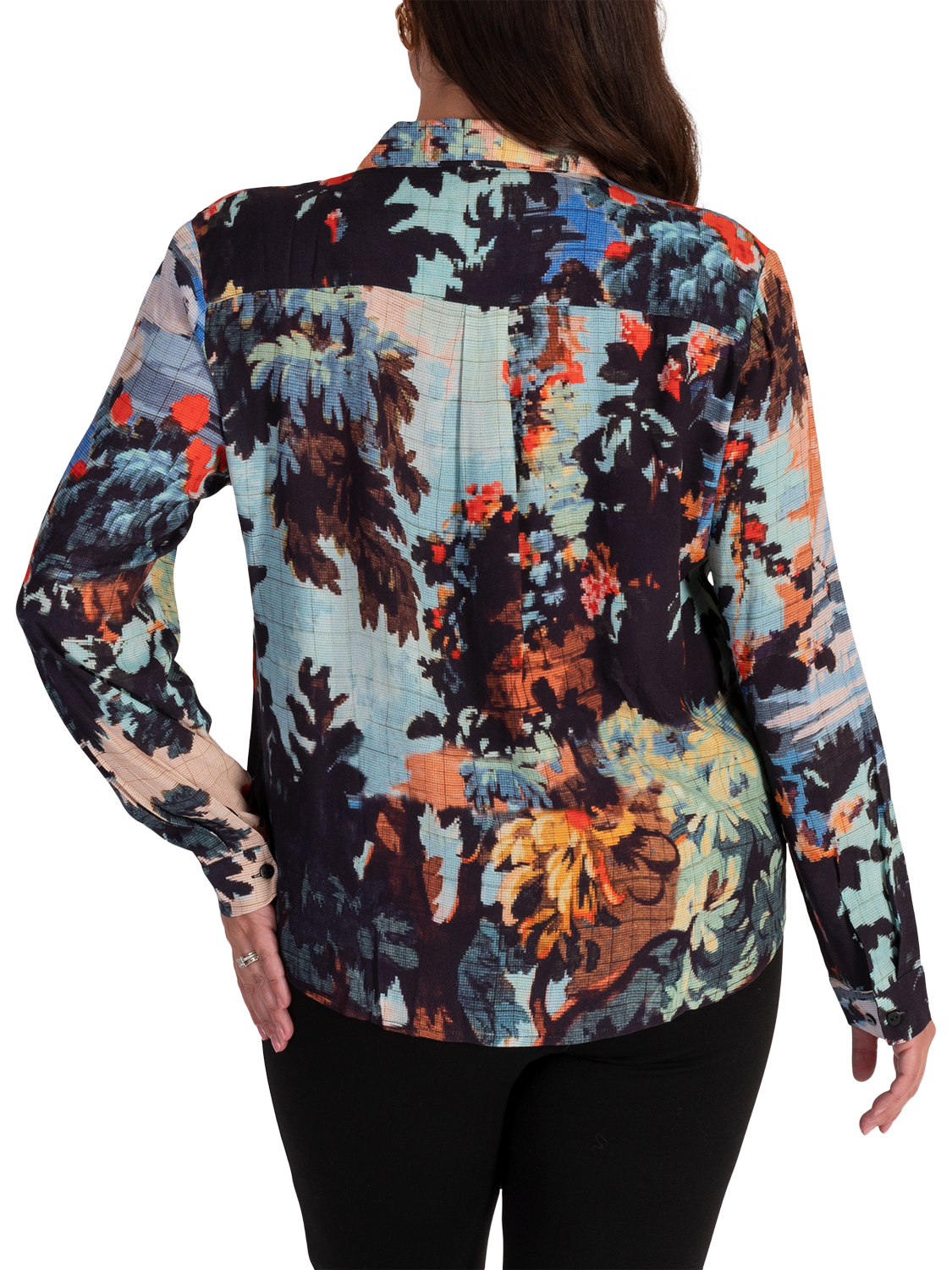 Product image 2 of 6, which shows chesca Painterly Woodland Print Shirt, Sky/Multi, 12-14