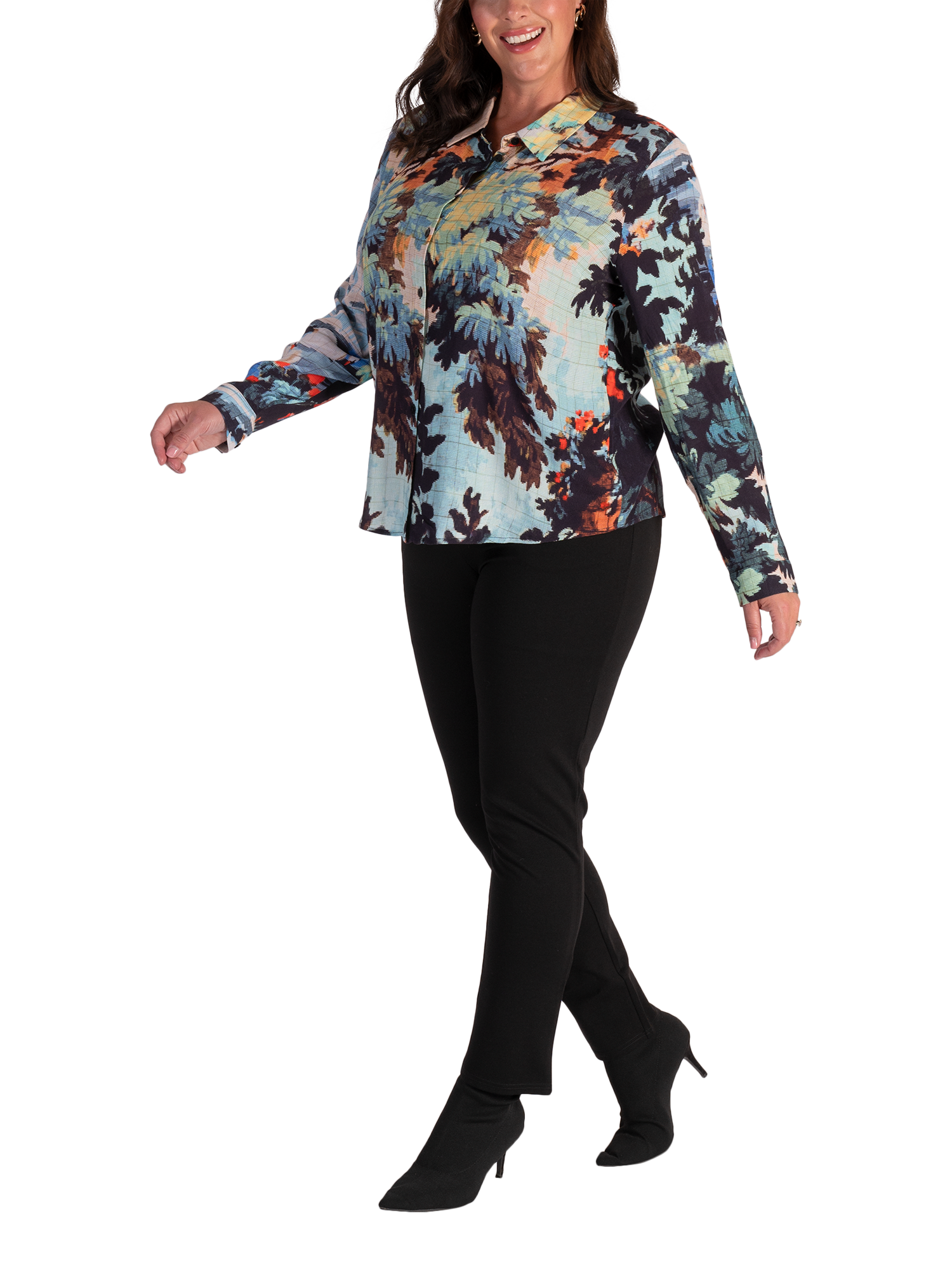 Product image 3 of 6, which shows chesca Painterly Woodland Print Shirt, Sky/Multi, 12-14