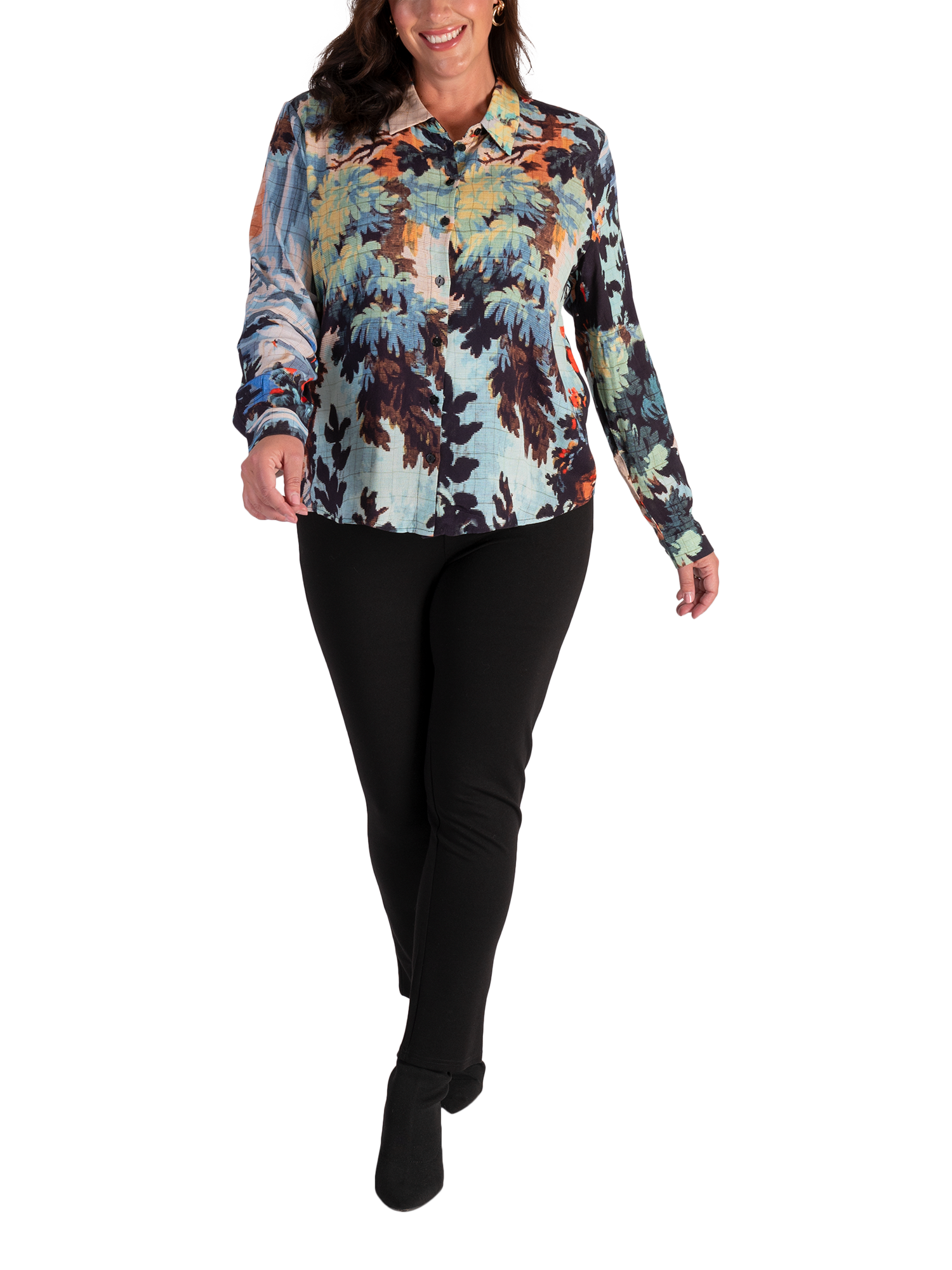 Product image 4 of 6, which shows chesca Painterly Woodland Print Shirt, Sky/Multi, 12-14