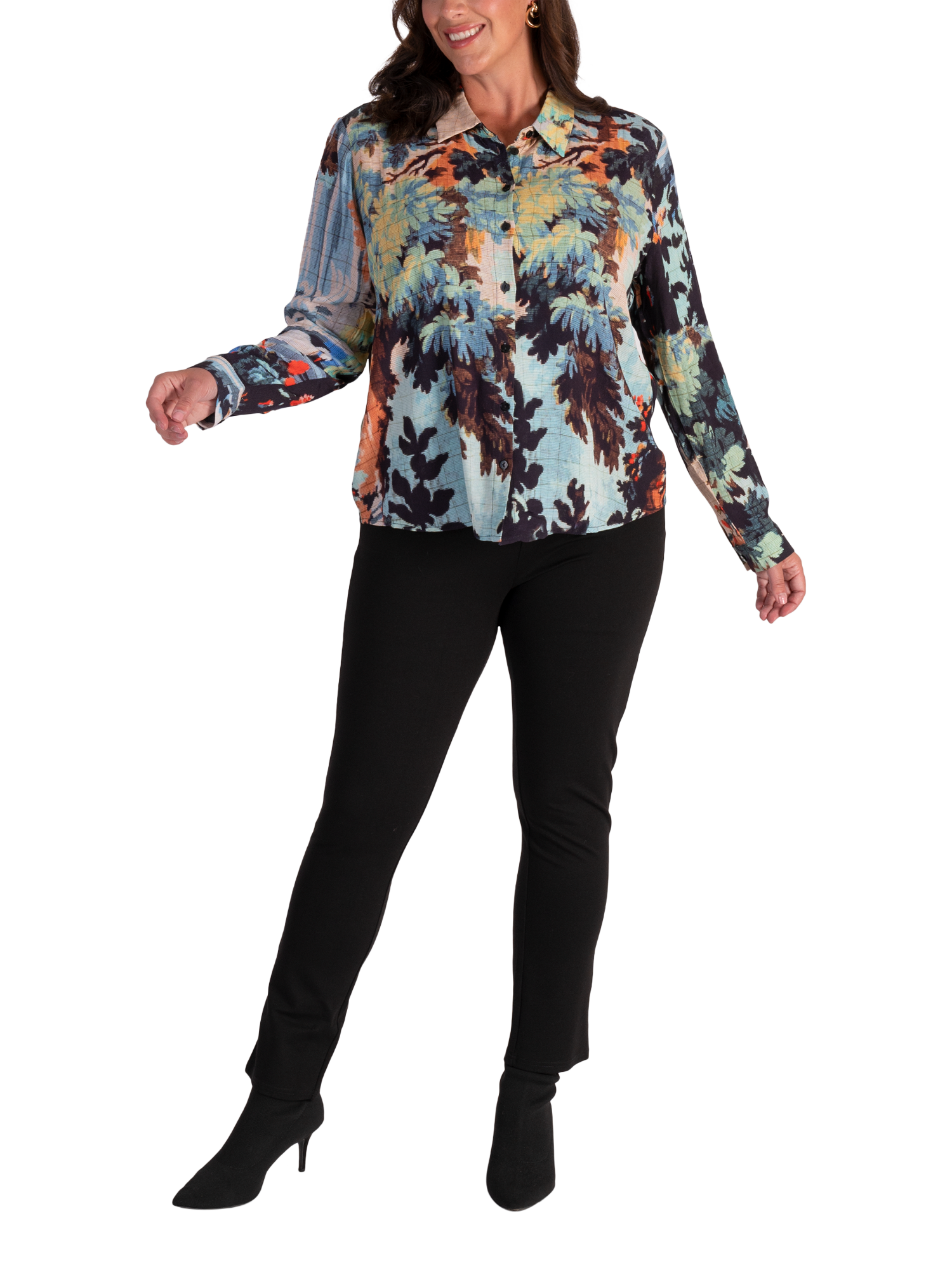 Product image 5 of 6, which shows chesca Painterly Woodland Print Shirt, Sky/Multi, 12-14