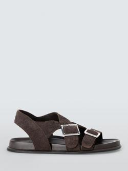 John Lewis Lavender Suede Cross Strap Buckle Footbed Sandals, Chocolate, Chocolate