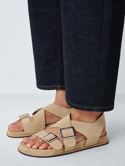John Lewis Lavender Suede Cross Strap Buckle Footbed Sandals, Sand - view 2, Sand