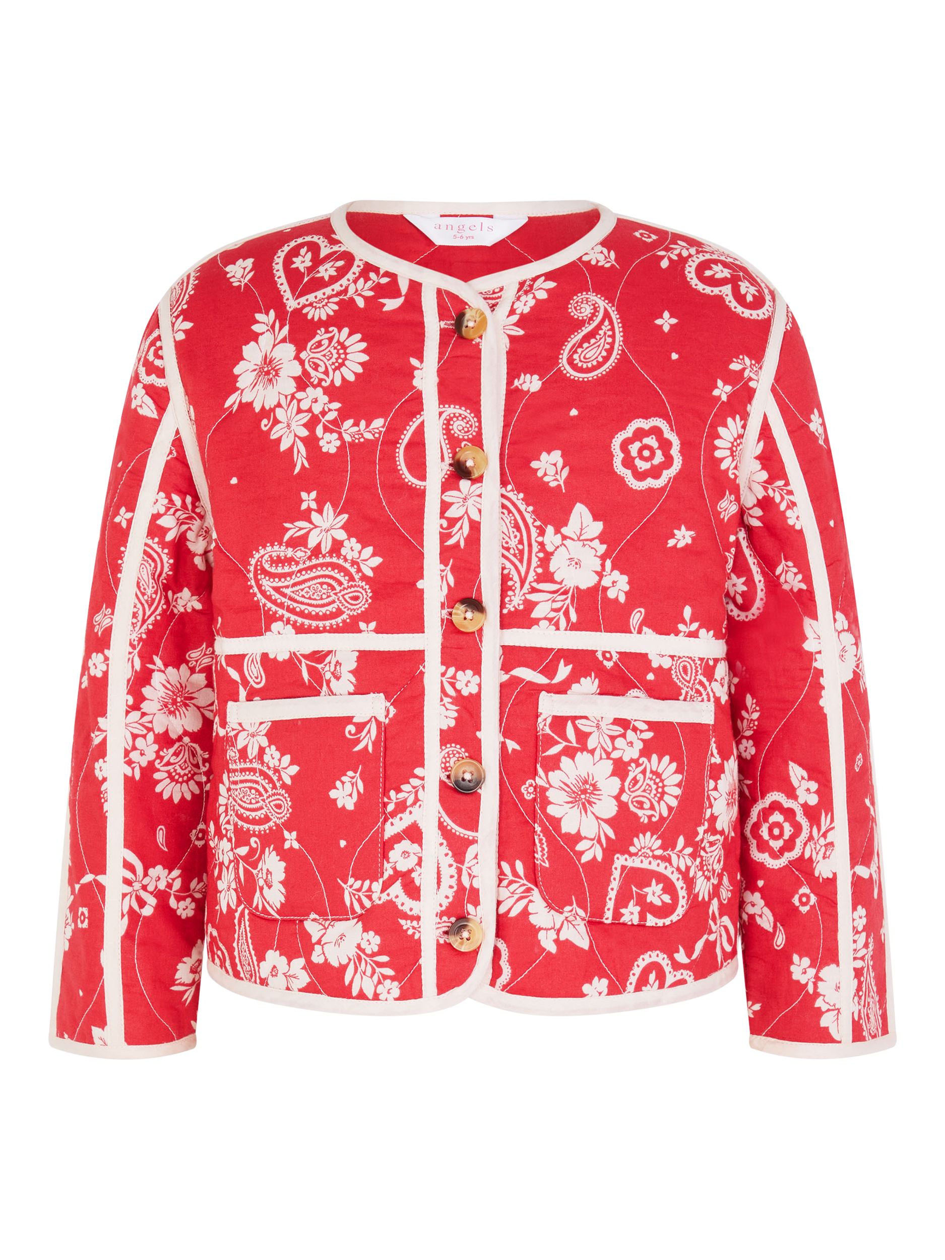 Product image 1 of 4, which shows Angels by Accessorize Kids' Cotton Paisley Jacket, Red, 3-4 years