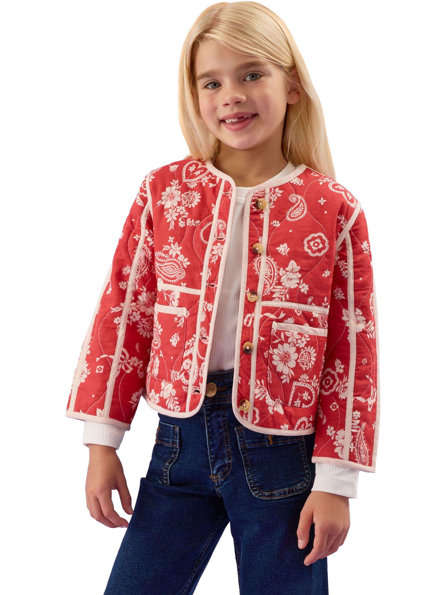 Product image 4 of 4, which shows Angels by Accessorize Kids' Cotton Paisley Jacket, Red, 3-4 years