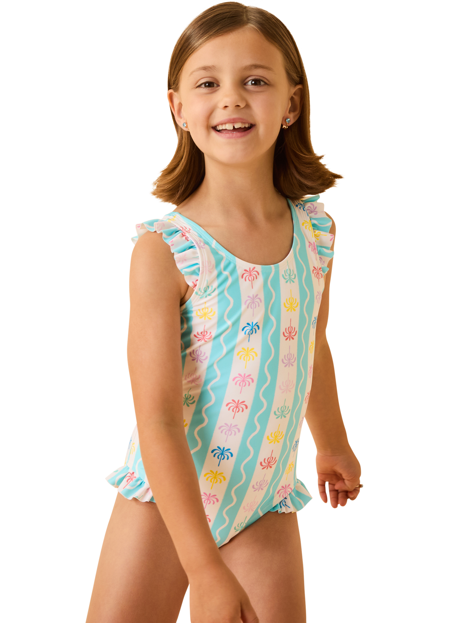 Product image 1 of 4, which shows Angels by Accessorize Kids' Palm Print Swimsuit, Brights Multi, 9-10 years