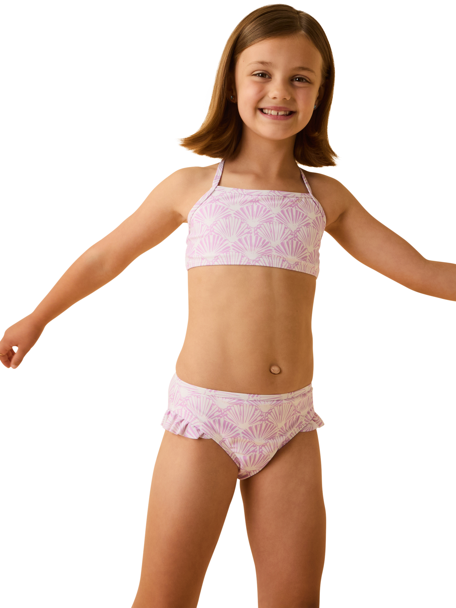 Product image 1 of 4, which shows Angels by Accessorize Kids' Shell Print Bikini, Lilac, 5-6 years