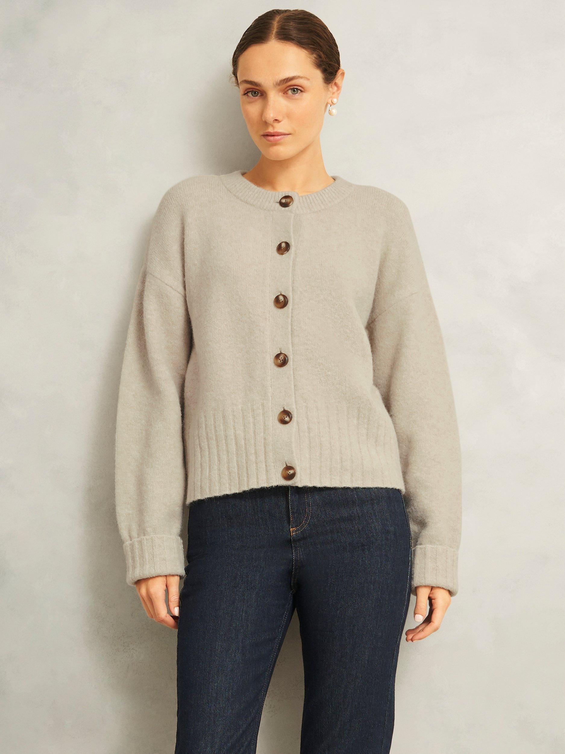 Product image 1 of 5, which shows Hobbs Freya Crew Neck Cardigan, Oatmeal, L