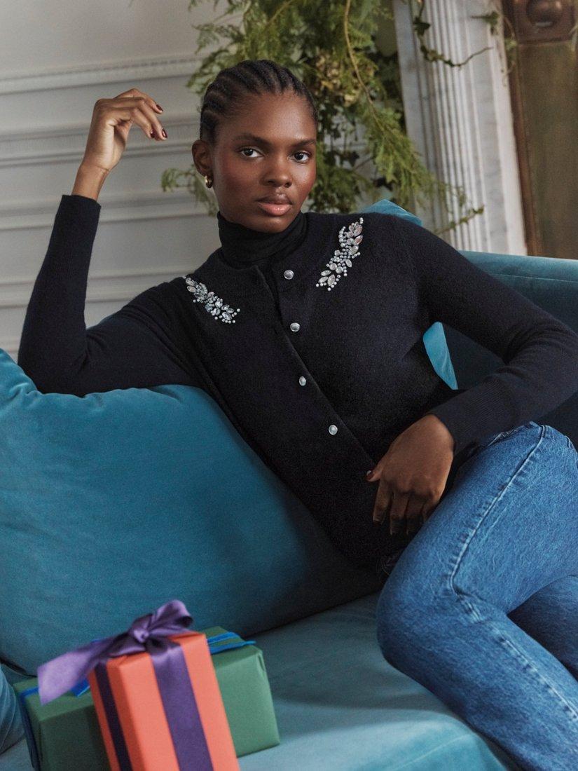 Product image 1 of 5, which shows Hobbs Penelope Gem Wool Blend Cardigan, Navy, L