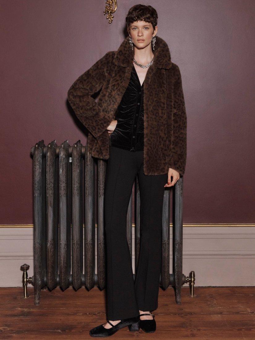 Product image 1 of 7, which shows Hobbs Dania Leopard Print Faux Fur Jacket, Brown/Multi, M
