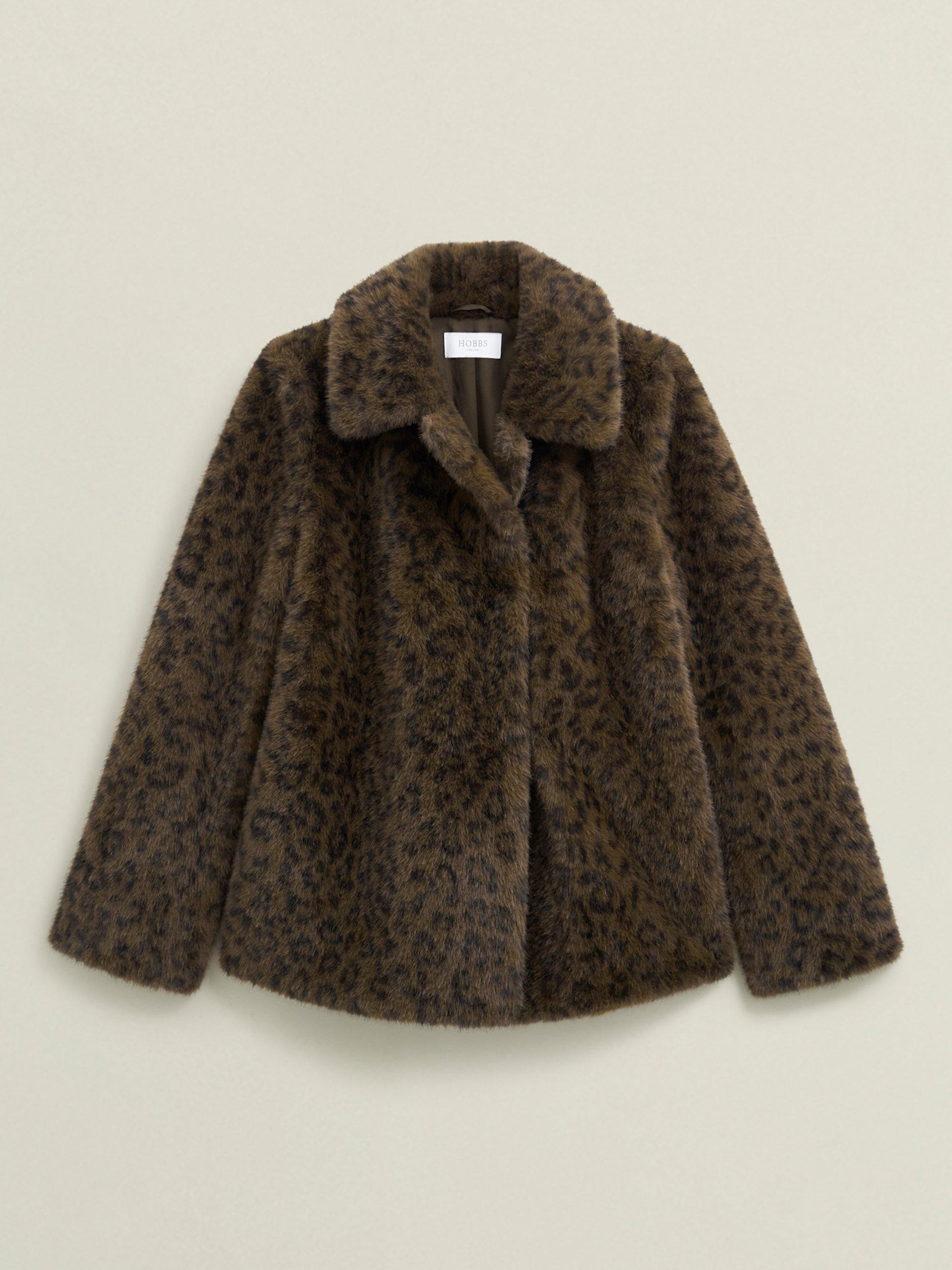 Product image 4 of 7, which shows Hobbs Dania Leopard Print Faux Fur Jacket, Brown/Multi, M