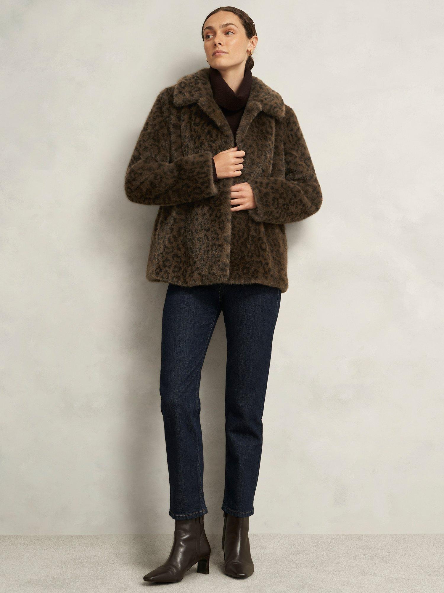 Product image 5 of 7, which shows Hobbs Dania Leopard Print Faux Fur Jacket, Brown/Multi, M