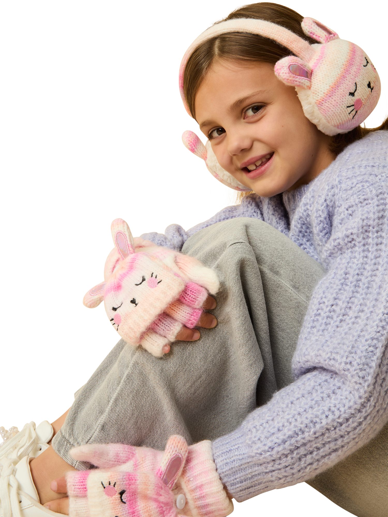 Product image 1 of 4, which shows Angels by Accessorize Kids' Knitted Bunny Fingerless Gloves, Multi, 3-5 yrs