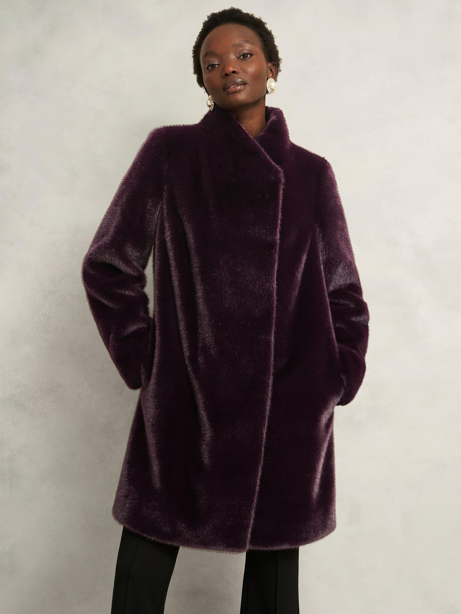Product image 1 of 6, which shows Hobbs Tarini Faux Fur Coat, Wine, XS
