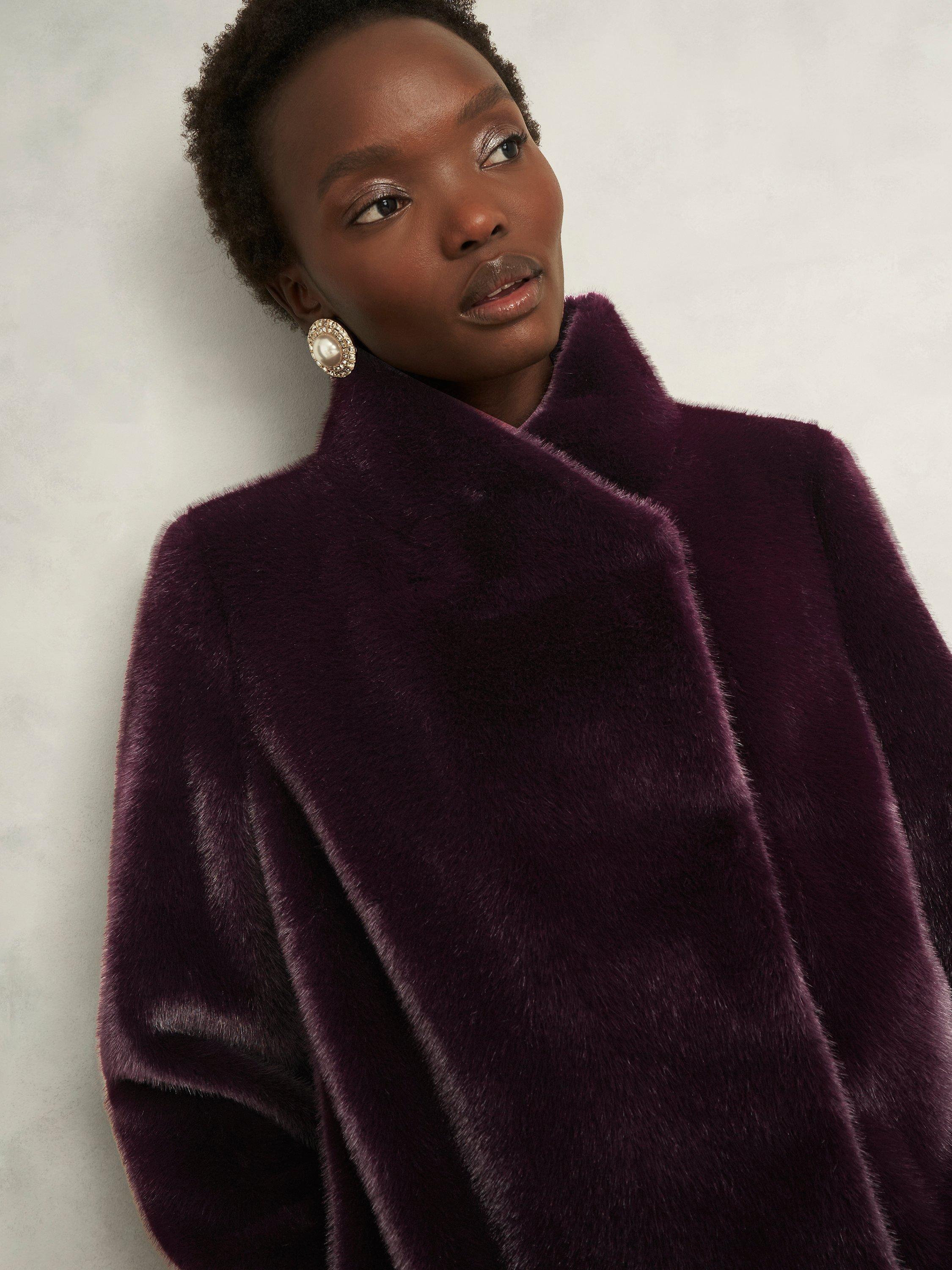 Product image 3 of 6, which shows Hobbs Tarini Faux Fur Coat, Wine, XS