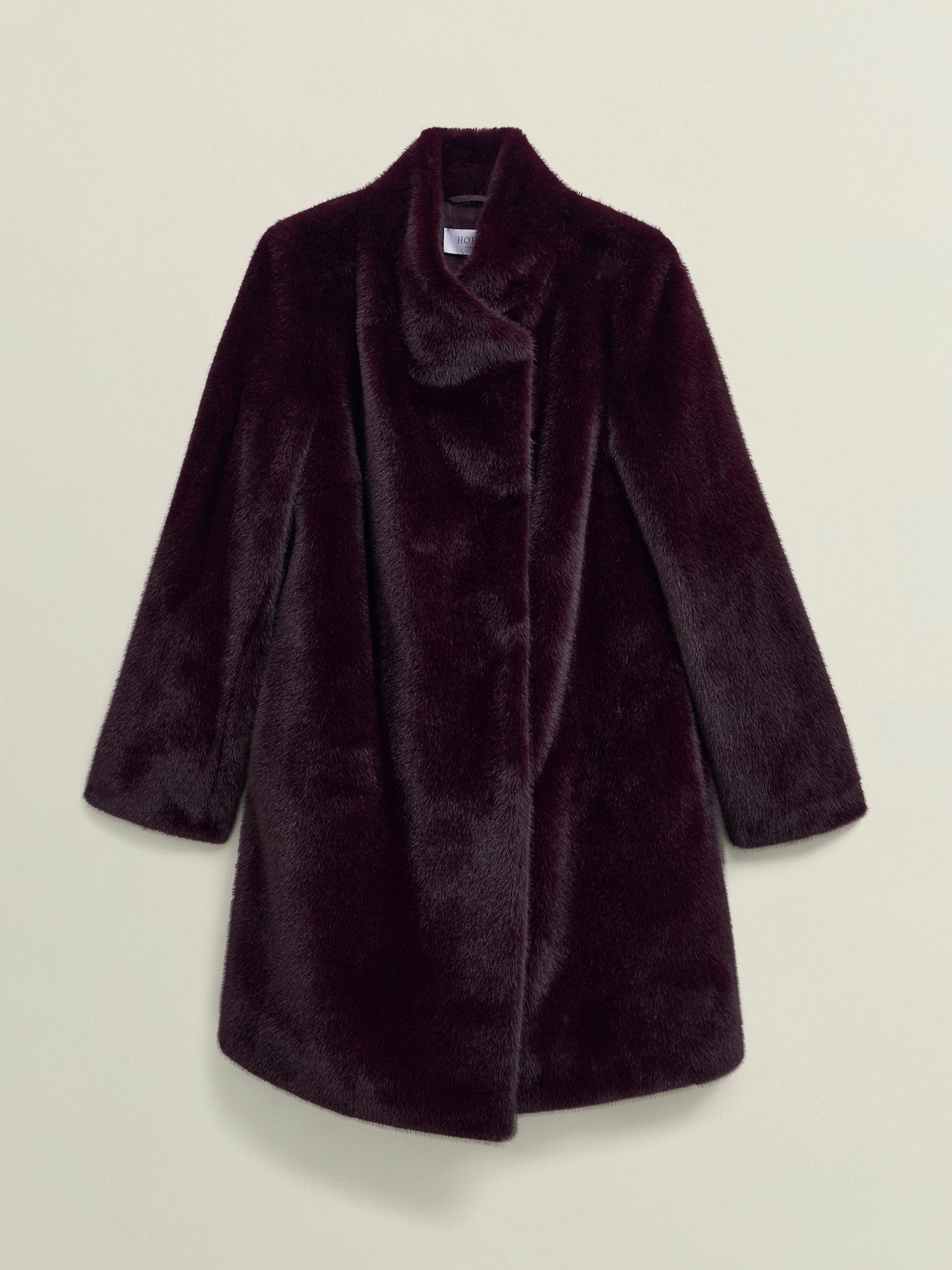 Product image 4 of 6, which shows Hobbs Tarini Faux Fur Coat, Wine, XS