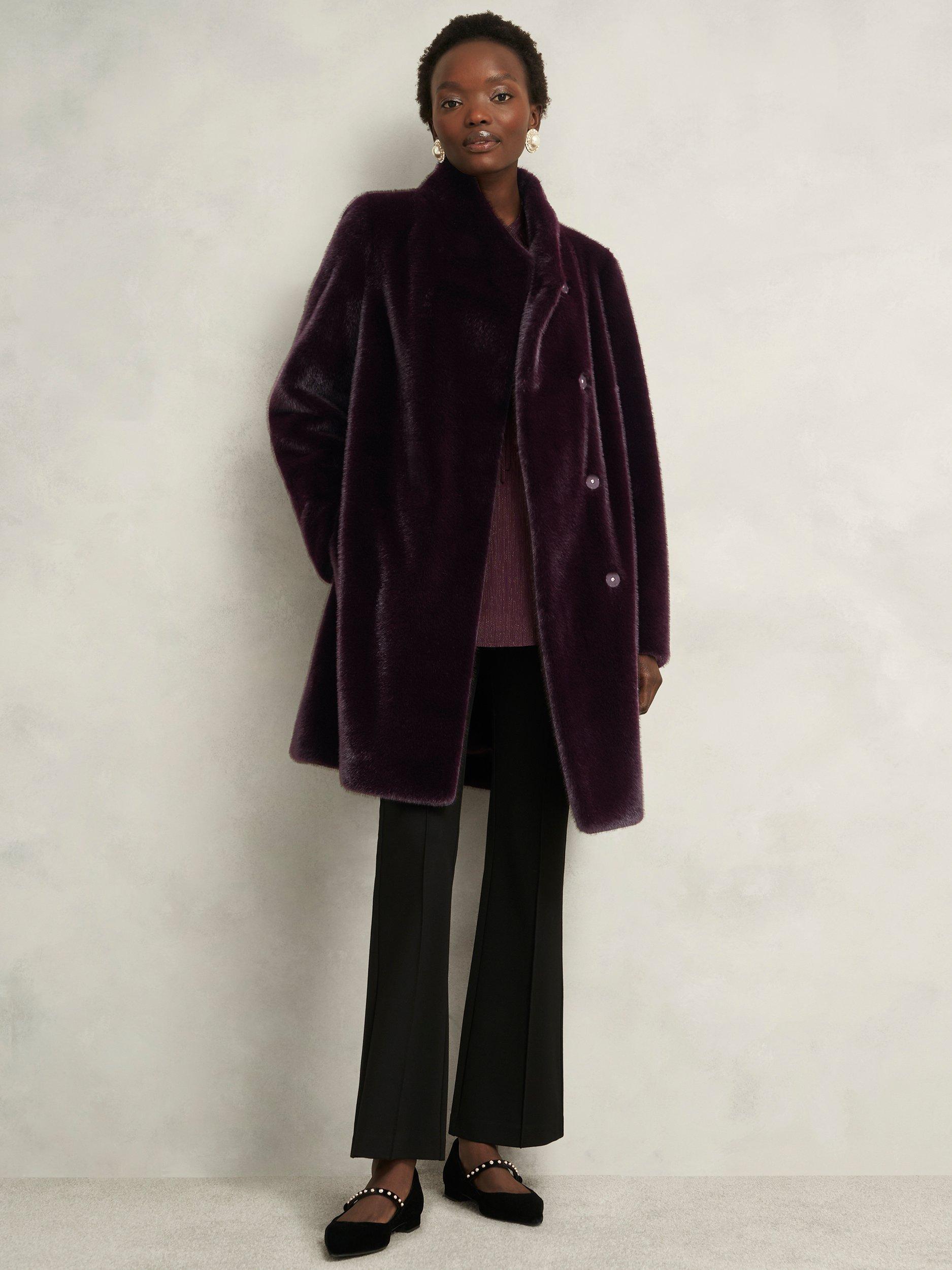 Product image 6 of 6, which shows Hobbs Tarini Faux Fur Coat, Wine, XS