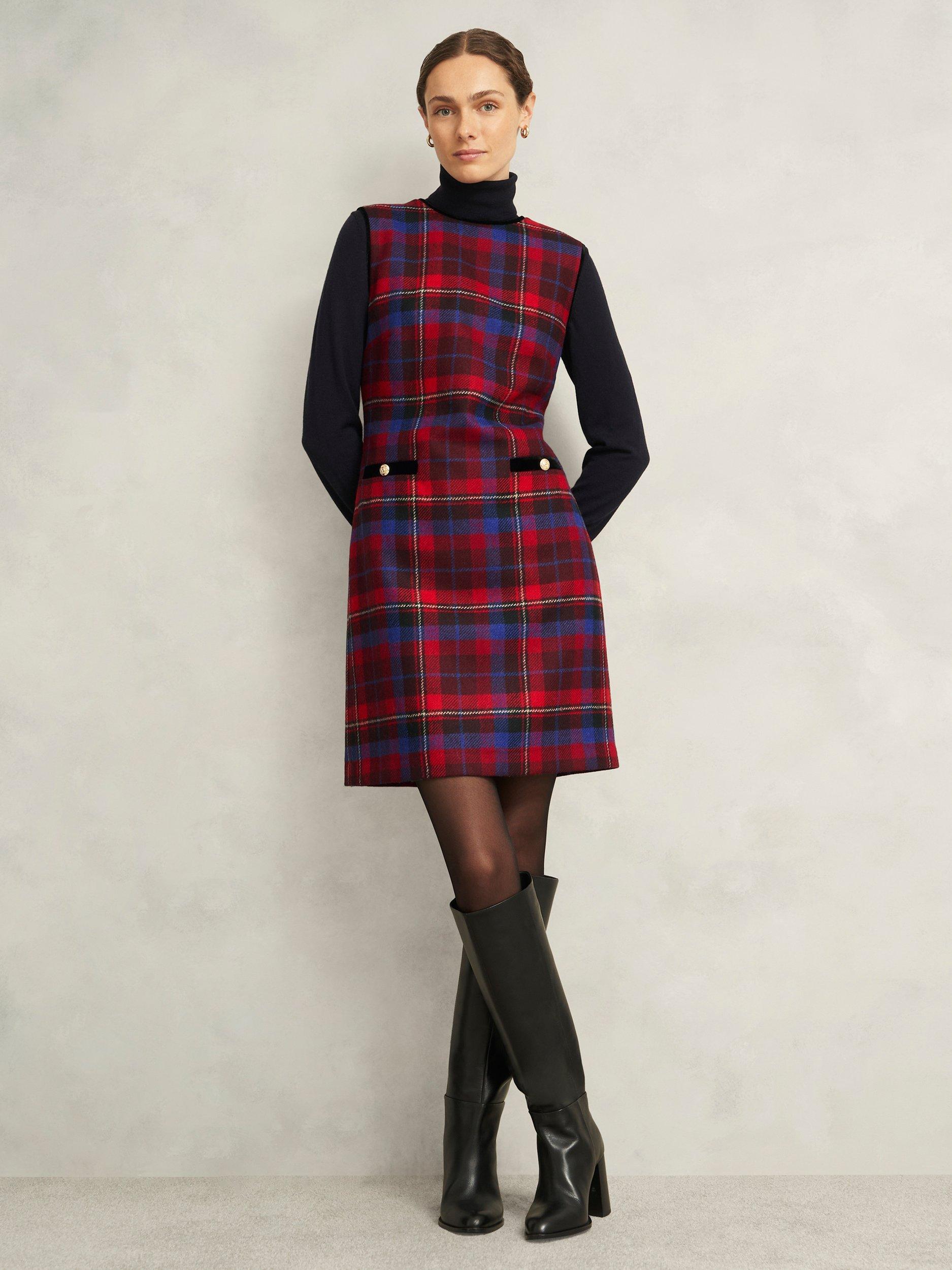 Product image 5 of 7, which shows Hobbs Ingrid Tartan Pure Wool Dress, Red/Multi, 6