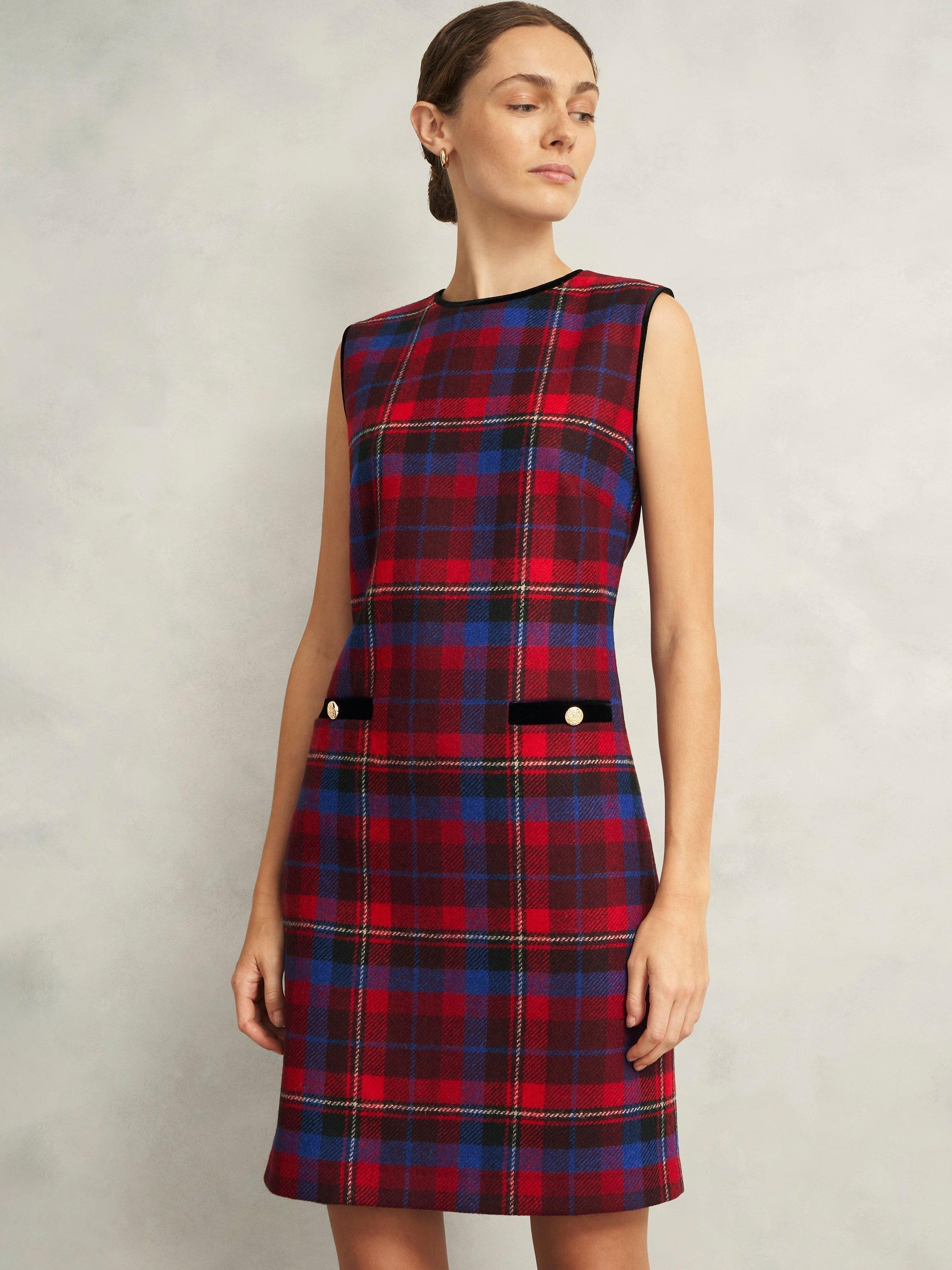 Product image 7 of 7, which shows Hobbs Ingrid Tartan Pure Wool Dress, Red/Multi, 6