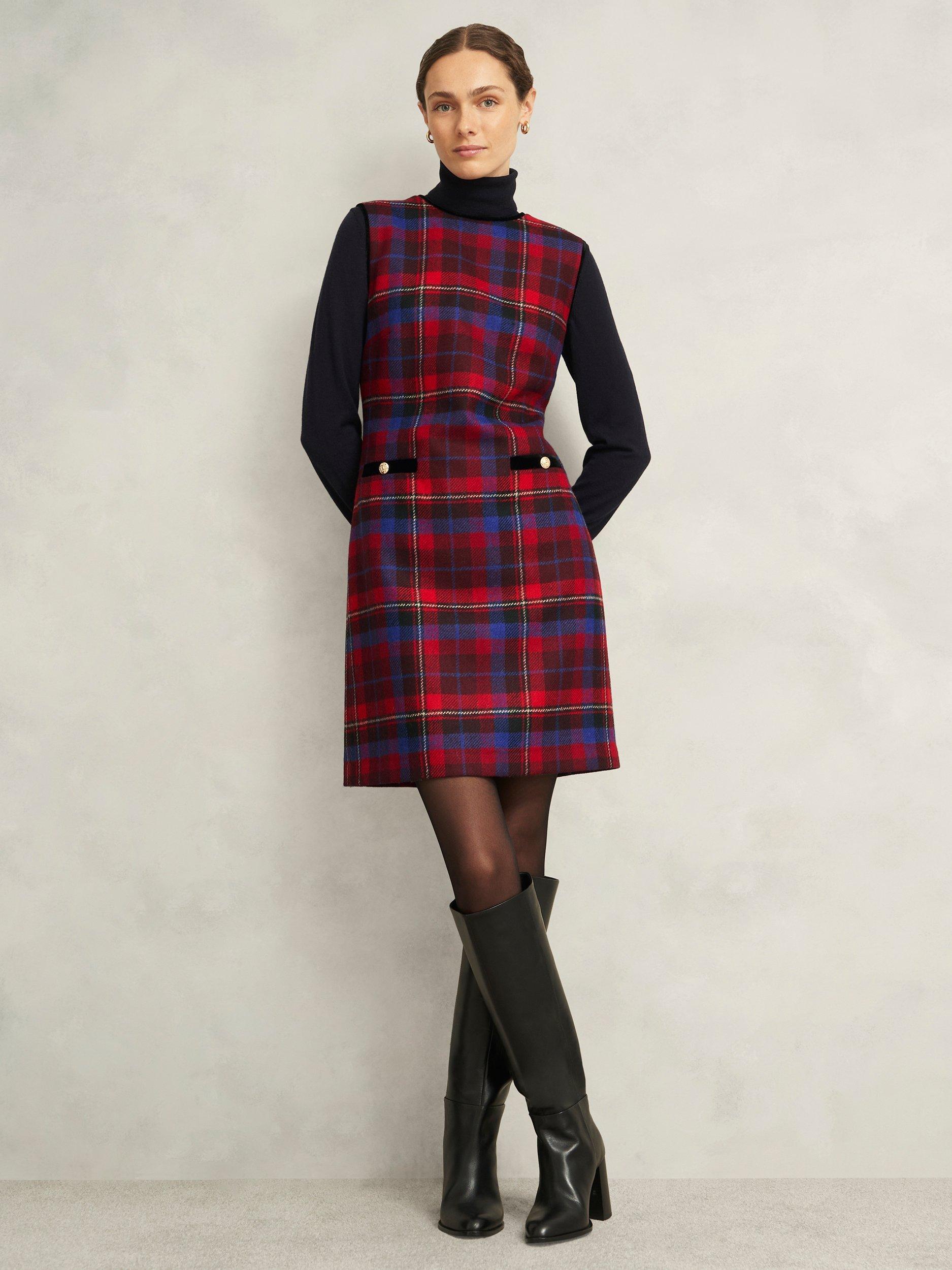 Hobbs Petite Ingrid Tartan Pure Wool Dress, Red/Multi