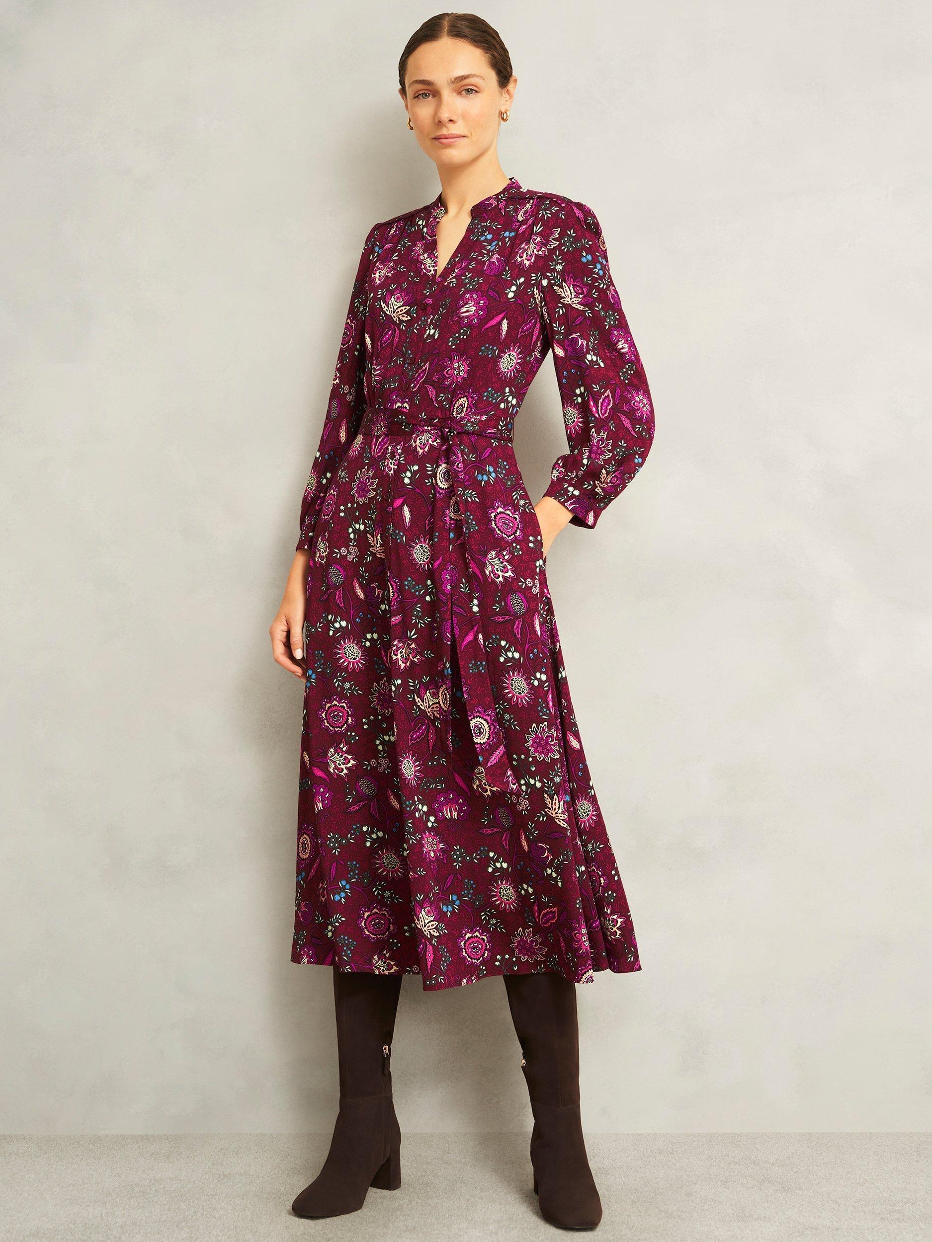 Product image 1 of 6, which shows Hobbs Petite Sofia Floral Midi Dress, Red/Multi, 8