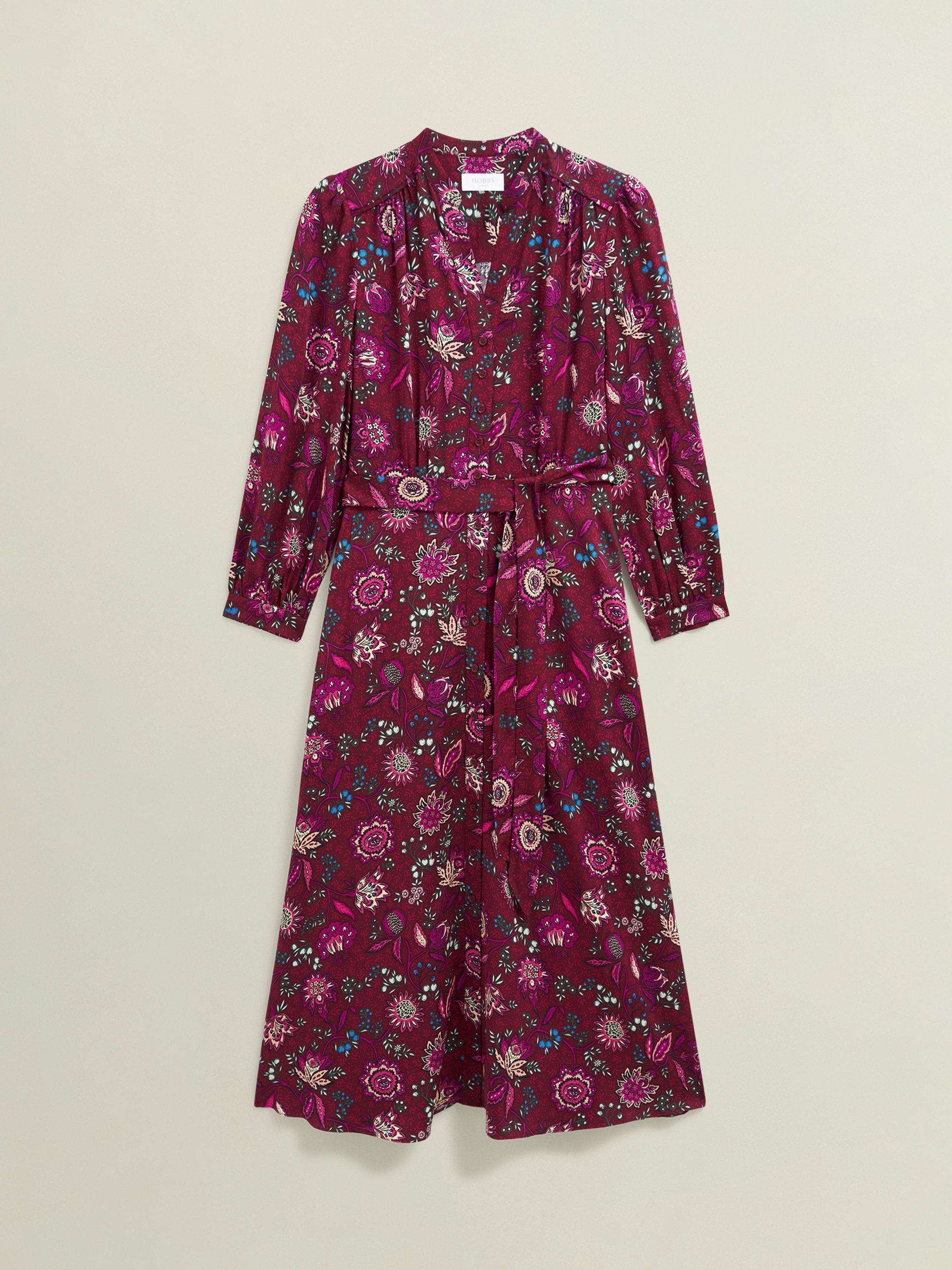 Product image 4 of 6, which shows Hobbs Petite Sofia Floral Midi Dress, Red/Multi, 8