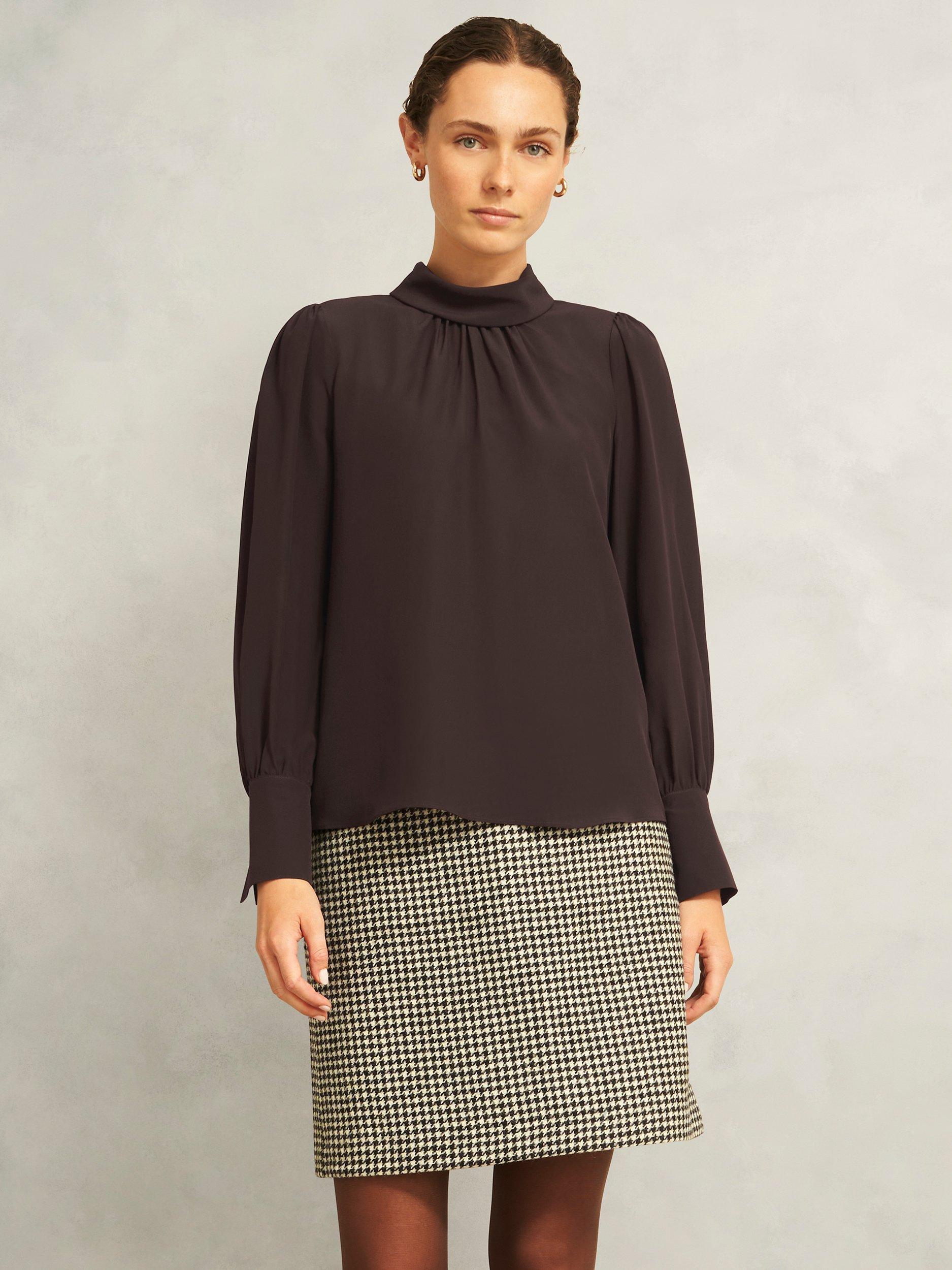 Product image 1 of 7, which shows Hobbs Debby Pure Silk Blouse, Dark Brown, 10