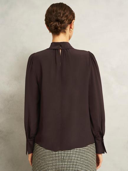 Hobbs Debby Pure Silk Blouse, Dark Brown - view 2, Dark Brown